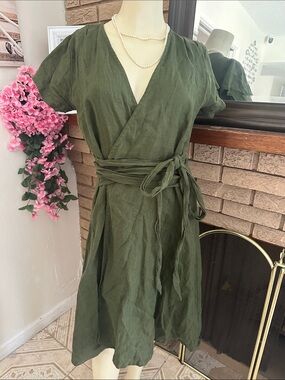Simply Grey Linen  Olive Green Midi Wrap Dress